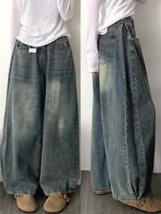 Womens Pleated High-Waisted Wide Leg Jeans