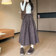 Floral Print Brushed Woolen Long Swing Skirt Midi Length