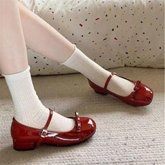French Bow Red Mary Jane Shoes