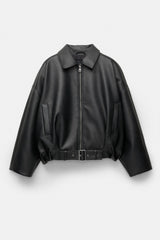 Womens Vintage Faux Leather Jacket with Belt