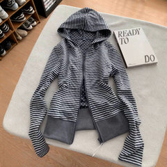 2000s Striped Zip-Up Hooded Jacket – Polka Dot Lined Hoodie in Dark Gray S–3XL