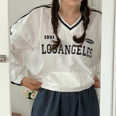 Vintage V-Neck Striped Oversized Sweatshirt