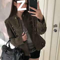 Suede Stand-Up Collar Short Jacket – Loose Fit Coat with Metal Buttons