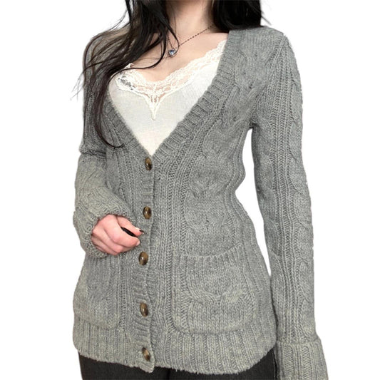 2000s Cable Knit Cardigan Sweater – Slim Fit V-Neck Button-Front in Gray, Sizes S–L