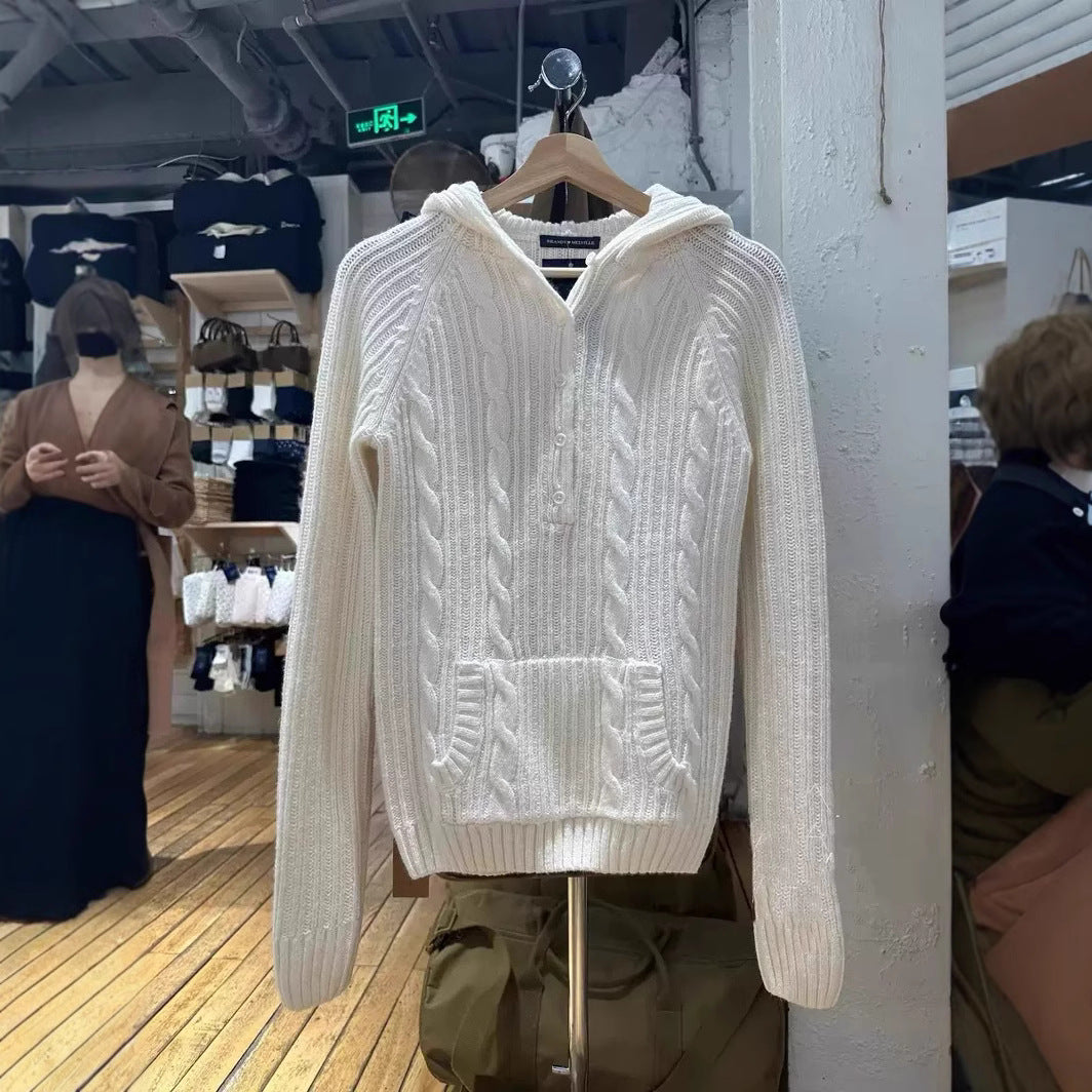 2000s Twisted Stripe Hooded Knit Sweater – Cable Knit Pullover in White One Size