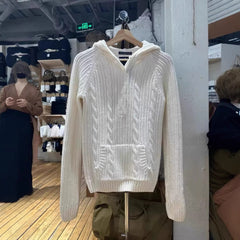 2000s Twisted Stripe Hooded Knit Sweater – Cable Knit Pullover in White One Size