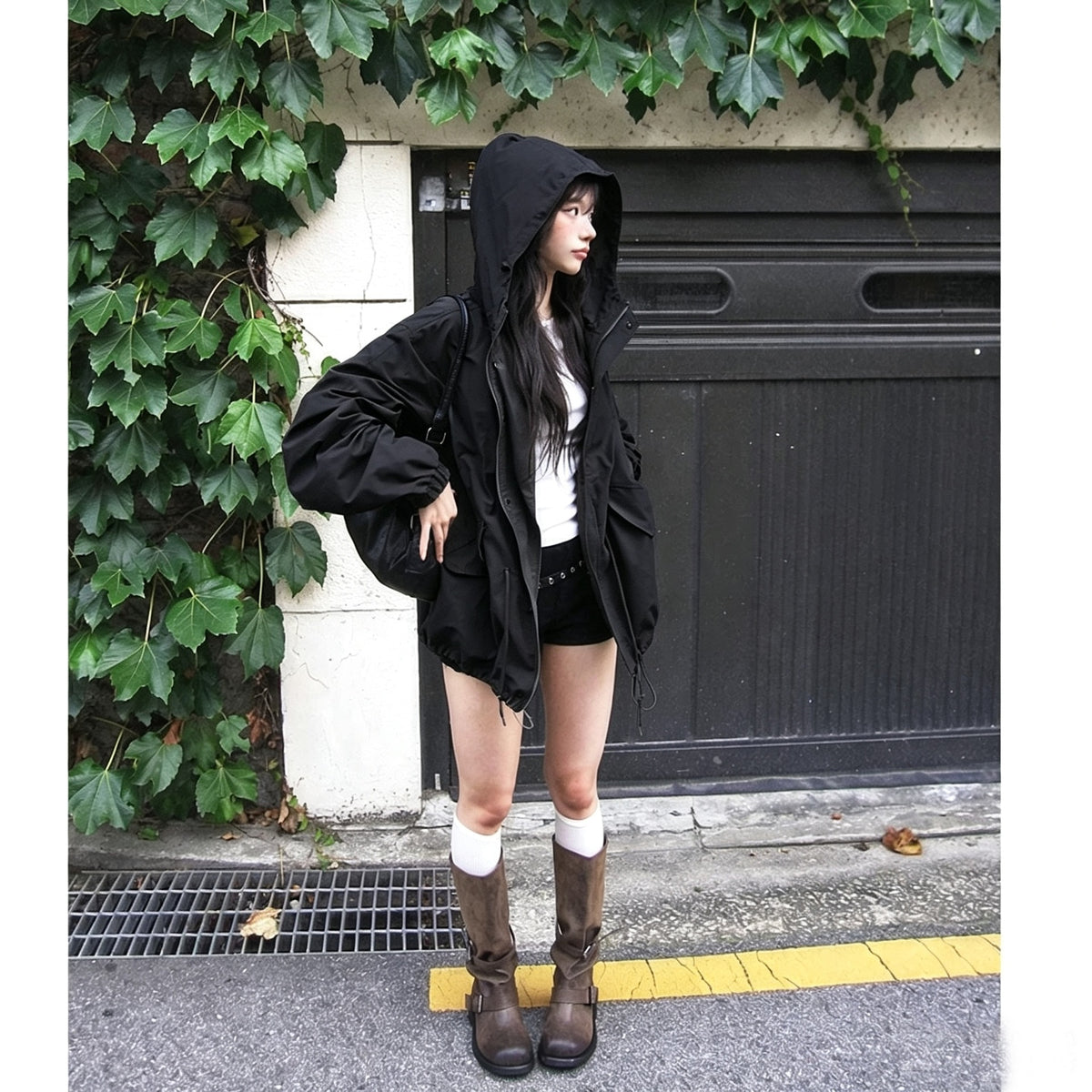 Hooded Loose Fit Imitation Lamb Wool Coat – Mid-Length Workwear Jacket