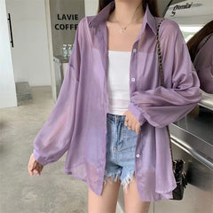 Solid Color Thin Oversized Long Sleeve Blouse - fairypeony