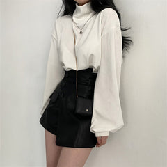 Turtle Neck Long Sleeve Corduroy Oversized Tee