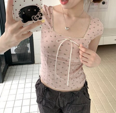 Lace Trim Square Collar Bow Short Sleeve Tee