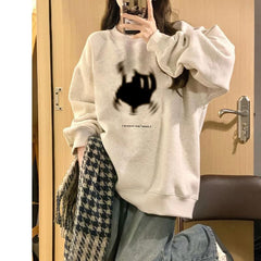 Black Cat Print Pullover Oversized Sweatshirt