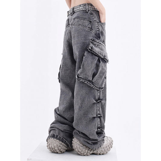 Acid Washed Baggy Cargo Jeans - fairypeony