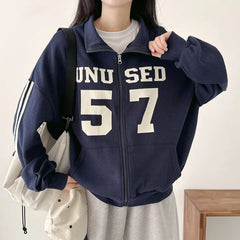 Vintage Number Print Oversized Zip Up Jacket