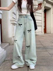Vintage Lace Bow Print Baggy Boyfriend Jeans