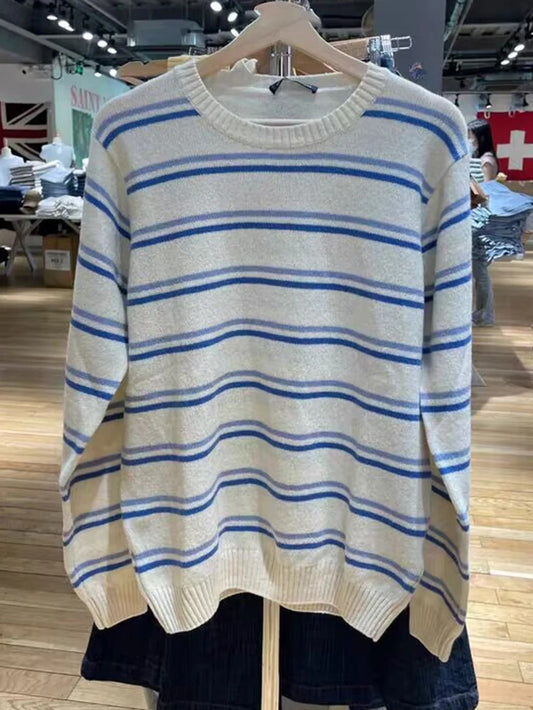 Solid Color Striped Crew Neck Sweater