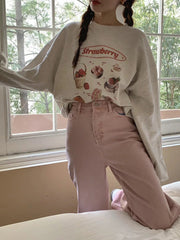 Crewneck Strawberry Print Loose Cotton Sweatshirt Pullover