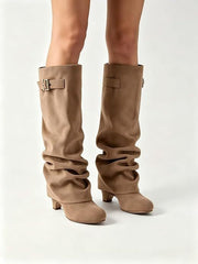 Retro Pleated Suede High-Top Riding Boots – Plush Lined Chunky Heel Ankle Boots