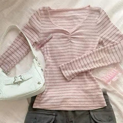 2000s Striped Loose V-Neck Top – Oversized Batwing Stripe Cardigan in Pink S–L