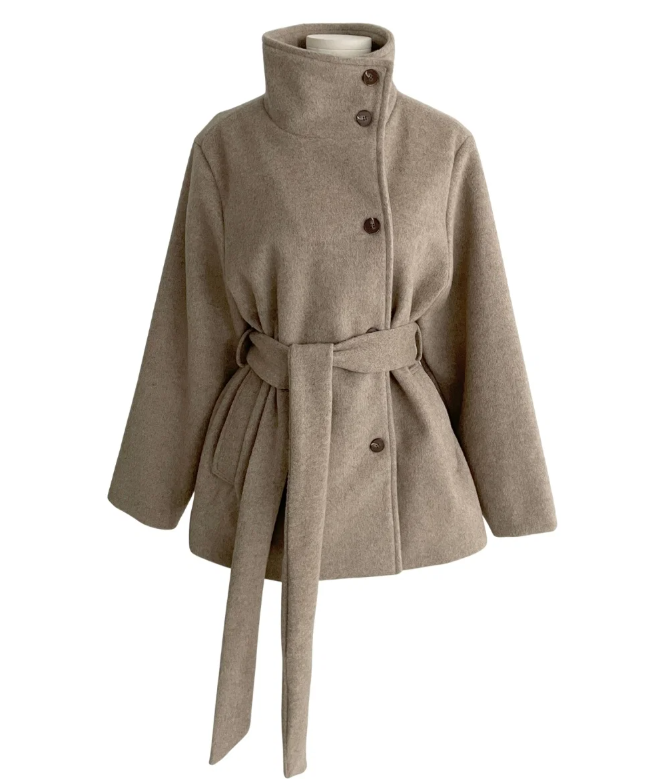 Woolen Coat – Korean Chic Stand Collar Belted Coat in 3 Colours One Size