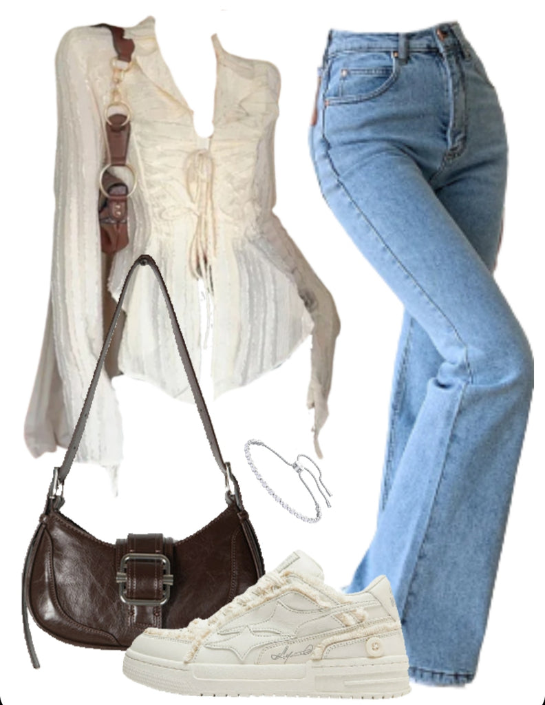 OOTD: Fairy Blouse & High Waist Flare Jeans + Buckled Strap Pu Leather Shoulder Bag + Shooting Star Patchwork Sneakers