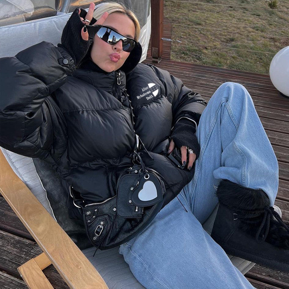 Simple Solid Color Zip Up Puffer Jacket - fairypeony