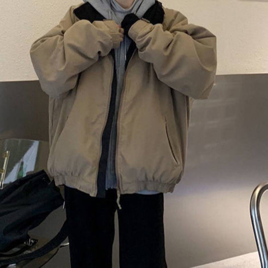 Solid Color Vintage Zip Up Jacket - fairypeony