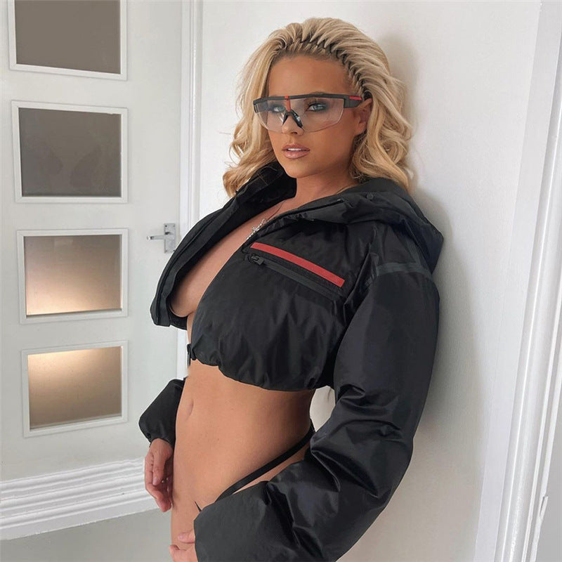 Black Hooded Cropped Puffer Jacket, fairy peony, women clothing, black-hooded-cropped-puffer-jacket, , fairypeony