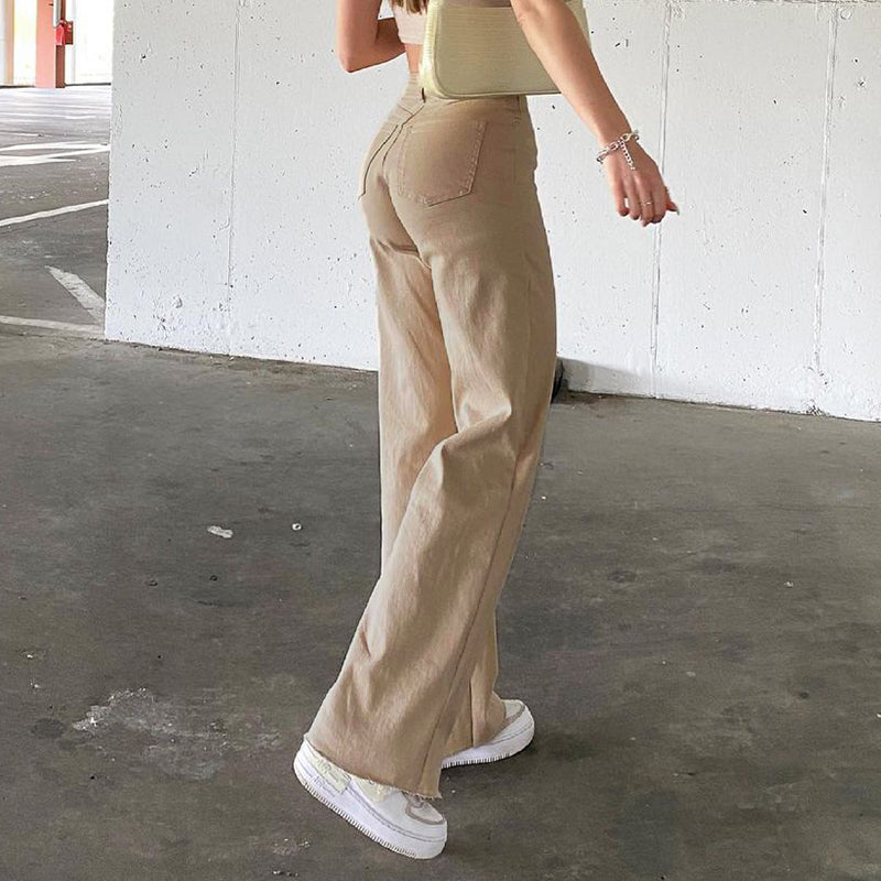 Wide-legged All-match Khaki Casual Trousers, , women clothing, wide-legged-all-match-khaki-casual-trousers, , fairypeony