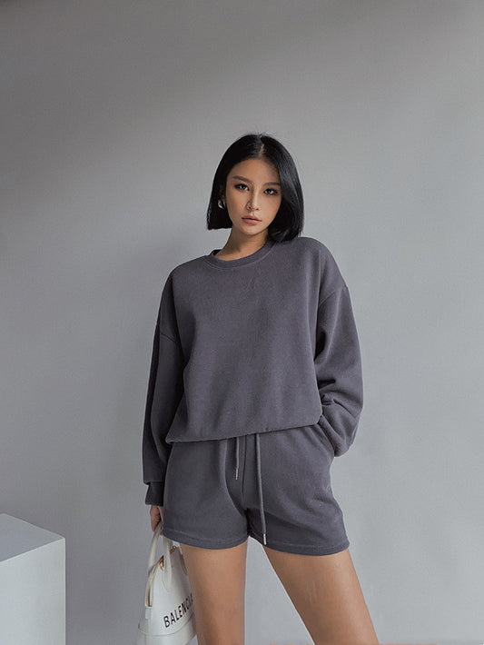 Drop Shoulder Halp Zip Sweatshirt & Drawstring Shorts Set, , women clothing, drop-shoulder-halp-zip-sweatshirt-drawstring-shorts-set, , fairypeony