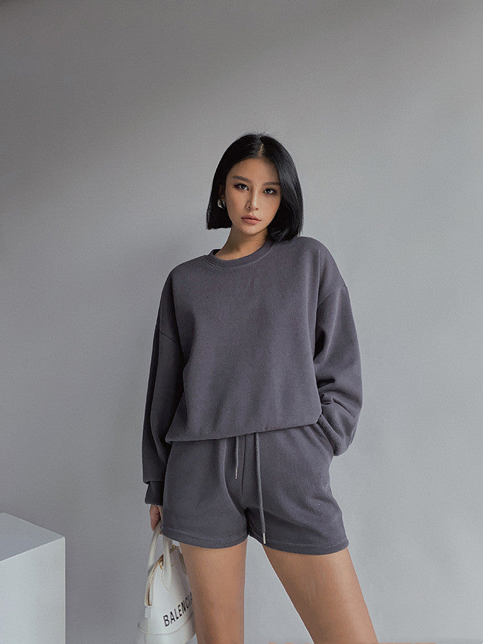 Drop Shoulder Halp Zip Sweatshirt & Drawstring Shorts Set, , women clothing, drop-shoulder-halp-zip-sweatshirt-drawstring-shorts-set, , fairypeony