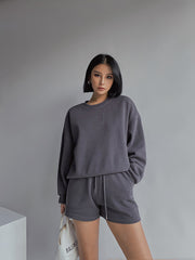 Drop Shoulder Halp Zip Sweatshirt & Drawstring Shorts Set, , women clothing, drop-shoulder-halp-zip-sweatshirt-drawstring-shorts-set, , fairypeony