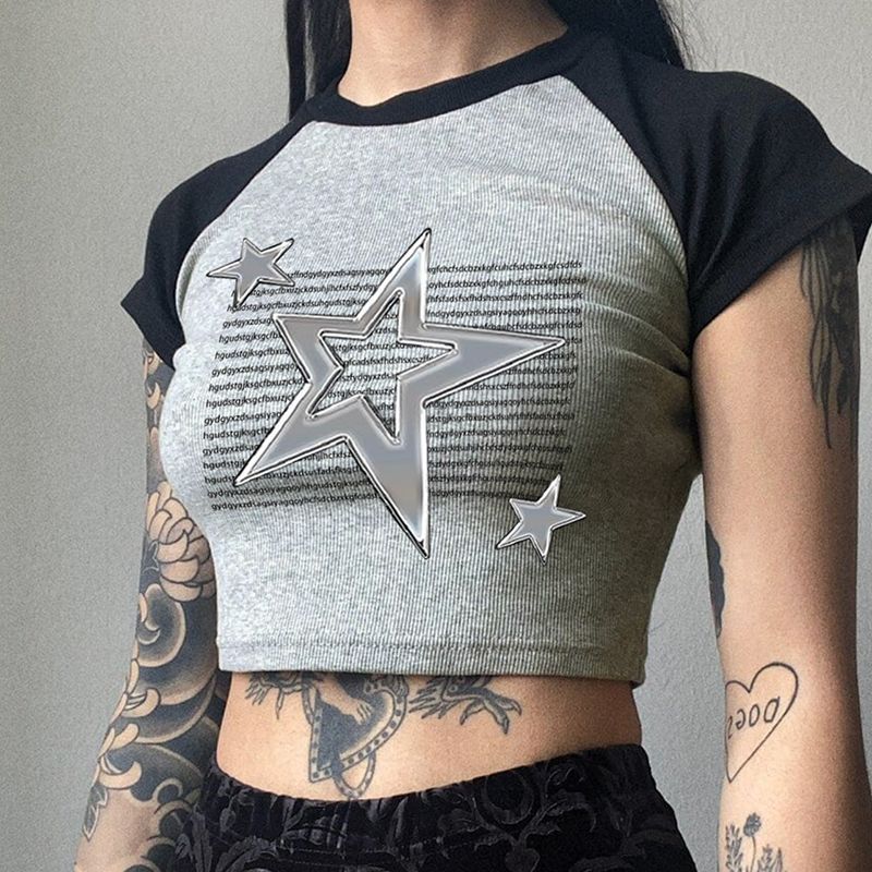 Star Graphic Raglan Sleeve Rib Crop Top - fairypeony
