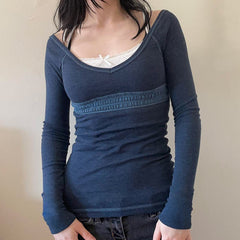 Patchwork Lace Trim Long Sleeve Top - fairypeony