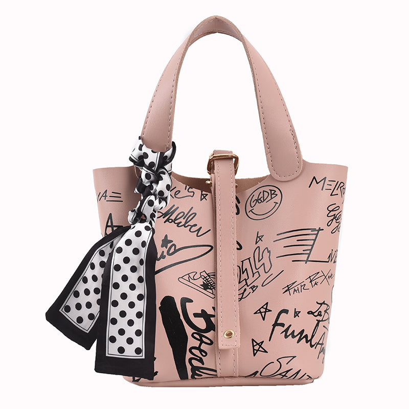 Cartoon Print Silk Scarf Bucket Bag, , women clothing, cartoon-print-silk-scarf-bucket-bag, , fairypeony