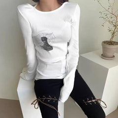Grunge Print Graphic Long Sleeve Top - fairypeony