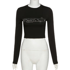 Rhinestone Letter Long Sleeve Crop Top - fairypeony