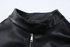 Contrast Pu Leather Cropped Moto Jacket - fairypeony