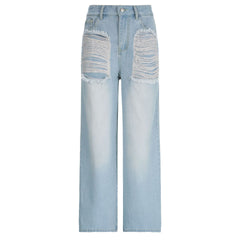 Straight Leg Blue Ripped Jeans - fairypeony