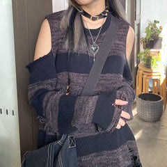 Cold Shoulder Striped Downtown Sweater - fairypeony