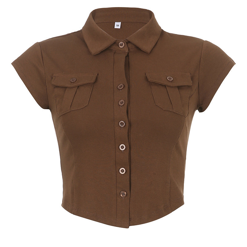 Pocket Button Down Cropped Blouse - fairypeony