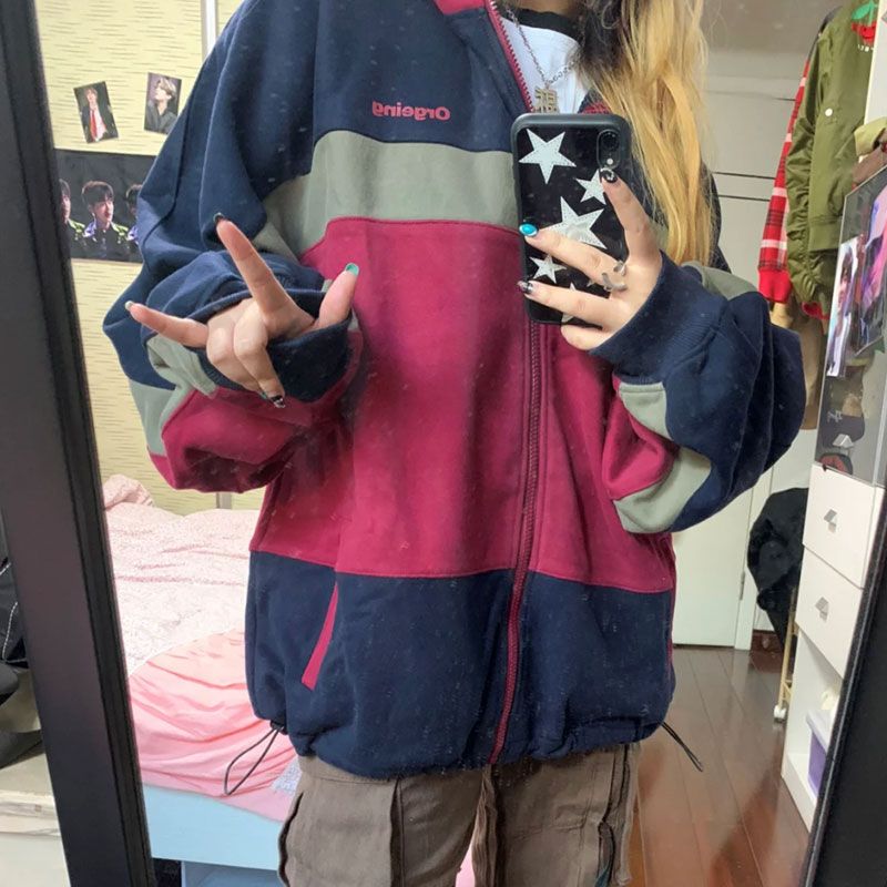Vintage Oversized Color Block Zip Hooded Jacket - fairypeony