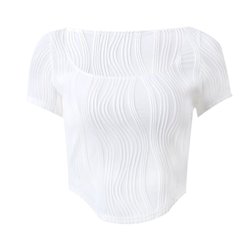 Textured Stripe Short Sleeve Crop Top - fairypeony