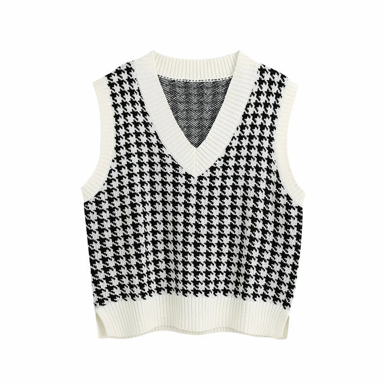 Houndstooth knitted Sweater, , women clothing, houndstooth-knitted-vest-vest, , fairypeony