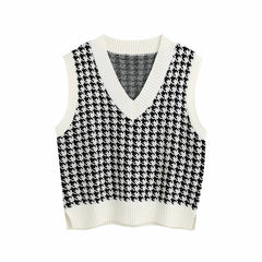 Houndstooth knitted Sweater, , women clothing, houndstooth-knitted-vest-vest, , fairypeony