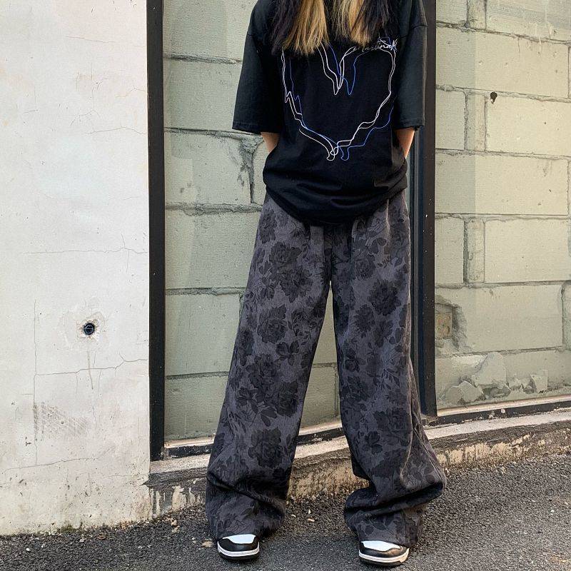 Retro Printed Flowers Corduroy Pants, , women clothing, retro-printed-flowers-corduroy-pants, , fairypeony