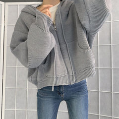 Hooded Zip Up Knit Cardigan, , women clothing, hooded-zip-up-knit-cardigan, , fairypeony