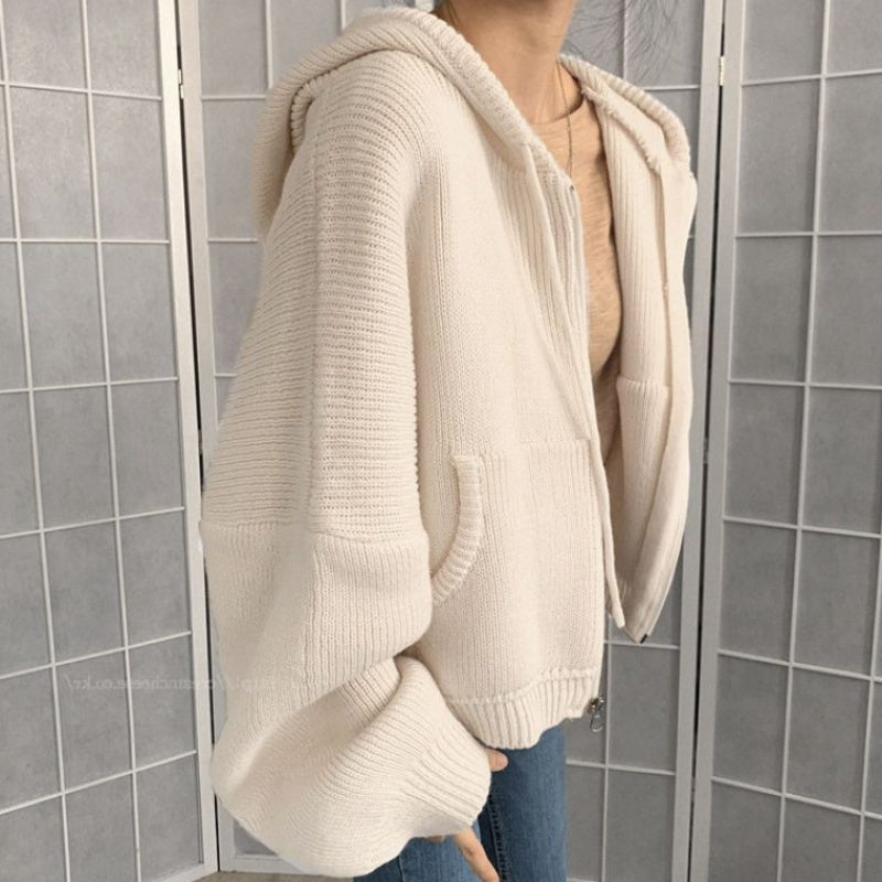 Hooded Zip Up Knit Cardigan, , women clothing, hooded-zip-up-knit-cardigan, , fairypeony