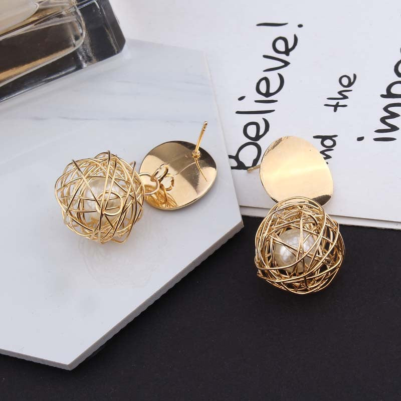 Temperament Woven Ball Pearl Earrings, , women clothing, temperament-woven-ball-pearl-earrings, , fairypeony