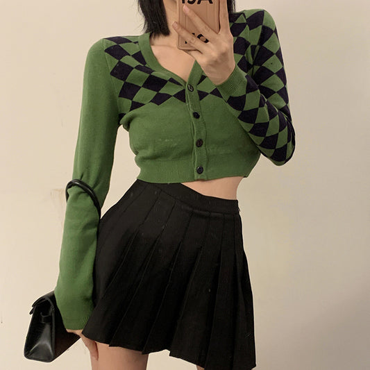 Vintage Crop Argyle Cardigan, , women clothing, vintage-crop-argyle-cardigan, green, fairypeony