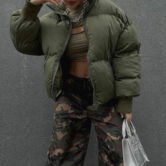 Army Green Zip Up Puffer Jacket - fairypeony